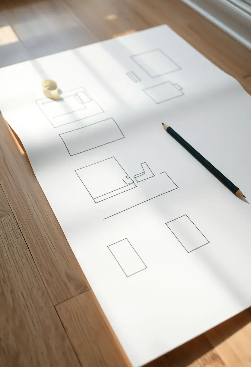 living room floor plan sketch with sofa placement and traffic flow arrows on white paper