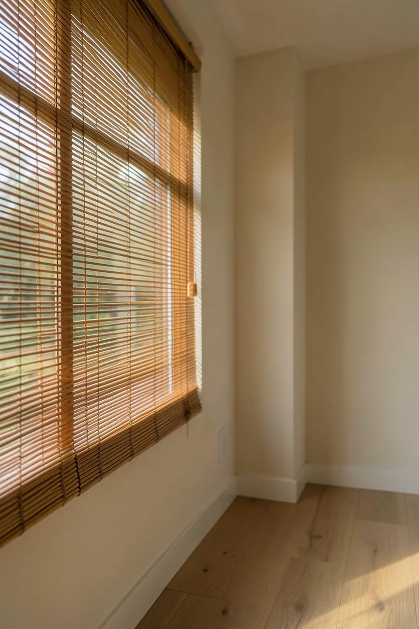 Bamboo woven window shade filtering soft light in a minimalist rental living room with warm neutrals