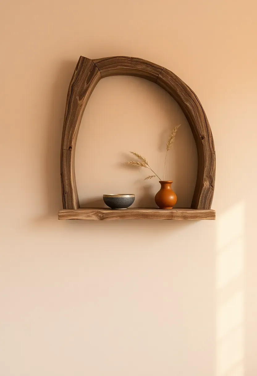 Floating reclaimed driftwood shelf with two or three curated boho objects in an intimate rental living room