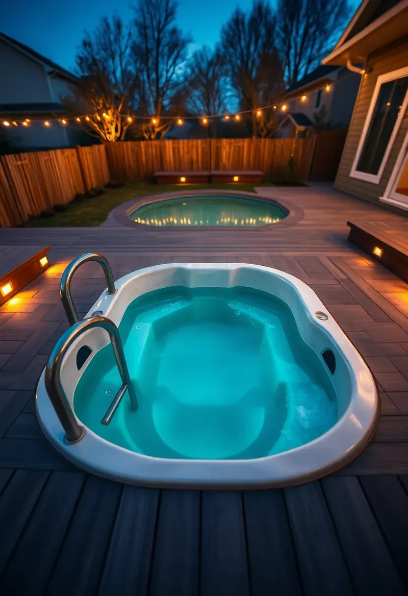 A hot tub sunk flush into a wide wooden deck with recessed lighting and built-in bench seating around the edges