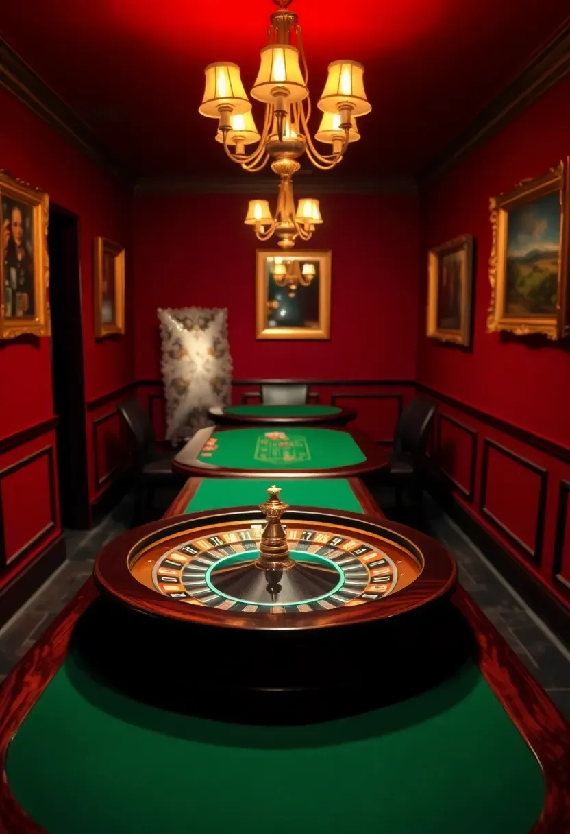 basement designed as a home casino with roulette table, blackjack felt table, and red and gold decor