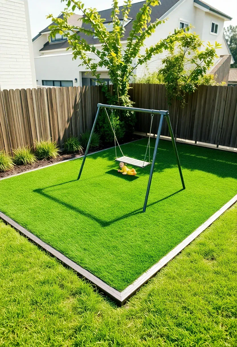 Section of backyard with artificial turf play area for children bordered by landscape edging and natural grass