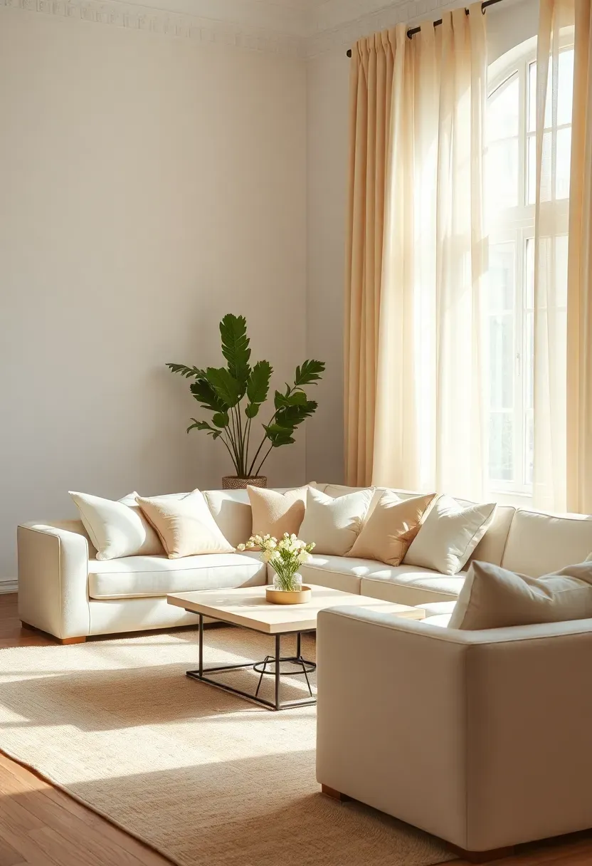 Hyper-realistic 3/4 view of monochromatic cream living room. Materials: ivory walls, cream linen sofa, oatmeal wool rug, champagne velvet pillows, vanilla silk drapery, white oak coffee table. All elements in warm cream family with subtle variations. Soft natural light enhancing color depth and material differences. Sophisticated unity through monochromatic layering.</p>