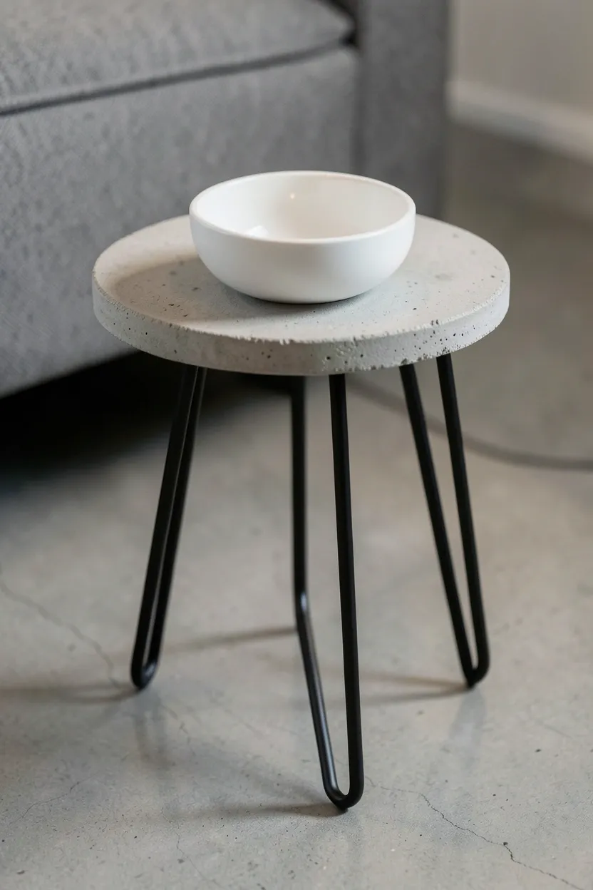 Pair of minimalist side tables with concrete tops and hairpin steel legs flanking a gray sofa in an industrial minimalist living room with warm ambient lighting