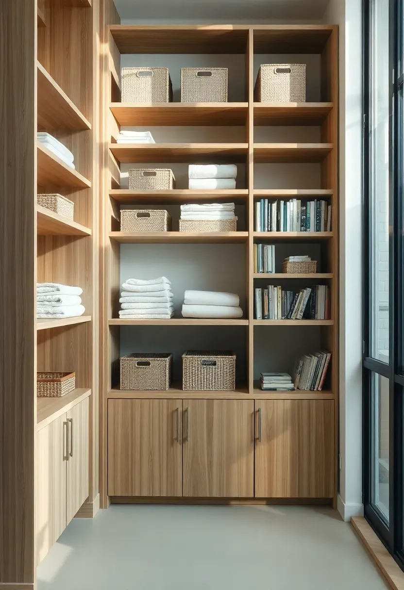 Hyper-realistic 3/4 view of Japanese-inspired vertical storage system: floor-to-ceiling light oak shelving with closed lower cabinets and open upper shelves, neatly organized items with generous spacing. Materials: light oak wood with visible grain, matte cabinet fronts, woven storage boxes, neatly folded linens, organized books. Natural window light from right creating vertical shadows that emphasize ceiling height and shelving structure. Clean floor visible beneath shelving with nothing stored on floor, white wall background. Shallow depth of field focusing on middle shelf organization. No text, no logos, no watermarks.</p>