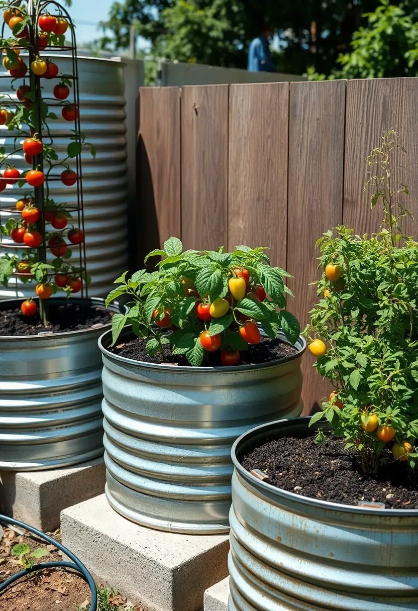 Galvanized stock tanks repurposed as vegetable planters in a sunny backyard with tomatoes and peppers growing inside