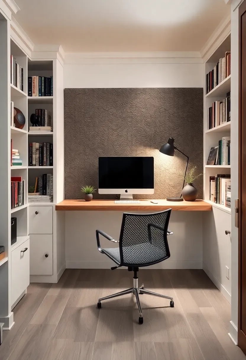 Quiet basement home office alcove with built-in desk, bookshelf surround, task lighting, and an acoustic panel wall behind the monitor