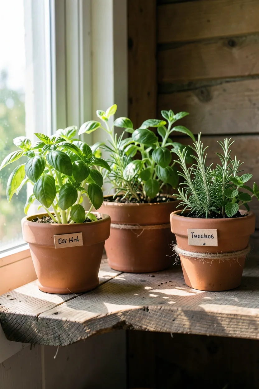 Hyper-realistic eye-level close photograph of back porch wooden shelf with various terracotta pots containing fresh herbs: basil, rosemary, thyme, mint, small wooden labels in each pot, morning light from side window. Natural bright morning light. Materials: terracotta, green herbs, wood, twine. Fresh aromatic mood. Sharp details on herb leaves and pot textures. No text, no logos, no watermarks.