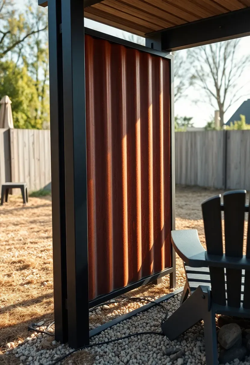 Corrugated metal privacy screen with a rusted patina finish mounted between black steel posts in a backyard next to a fire pit area