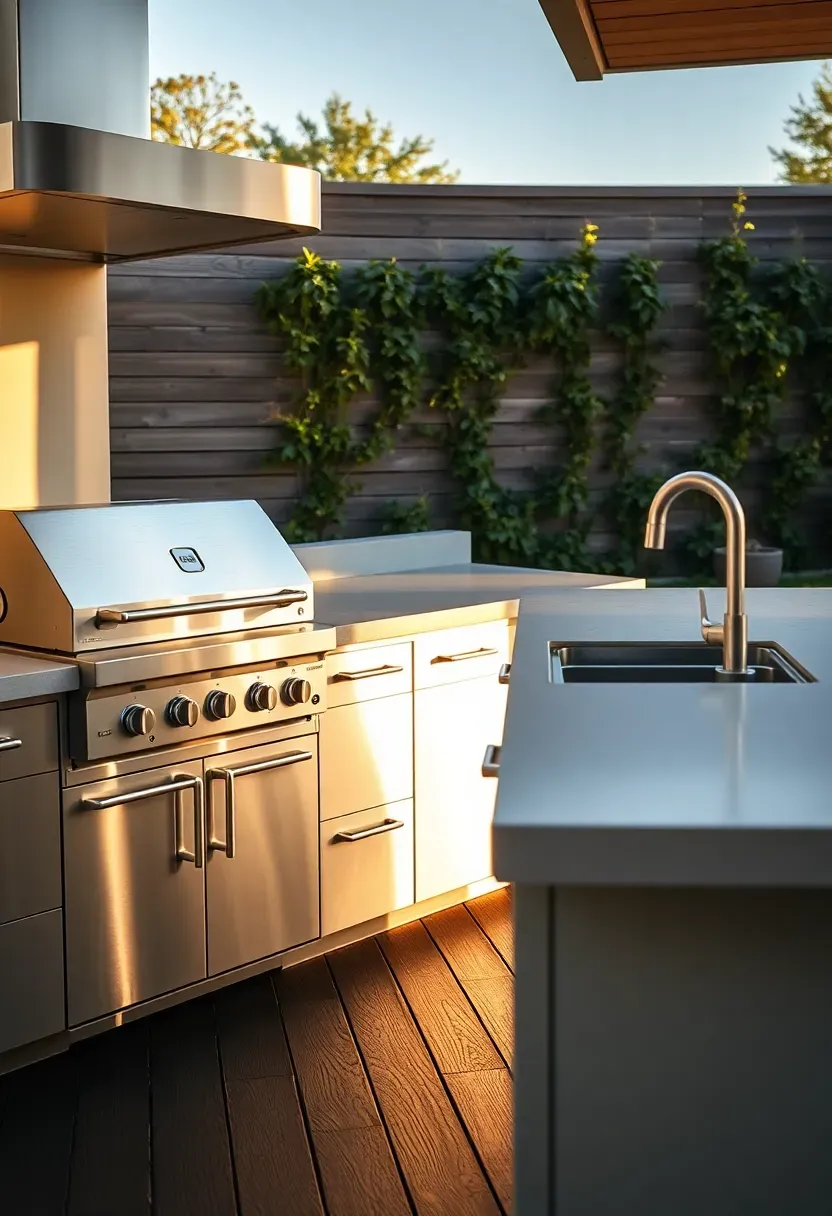 Hyper-realistic 3/4 view of a modern linear outdoor kitchen with horizontal stainless steel cabinets, built-in gas grill, side burner, and concrete countertop in light gray. Materials: brushed stainless steel, concrete countertop, dark wood decking. Late afternoon golden hour sunlight, warm metallic and neutral tones. Sophisticated minimalist mood, shallow depth of field with sharp details on appliance handles, vertical garden on background wall visible. No text, no logos, no watermarks.</p>