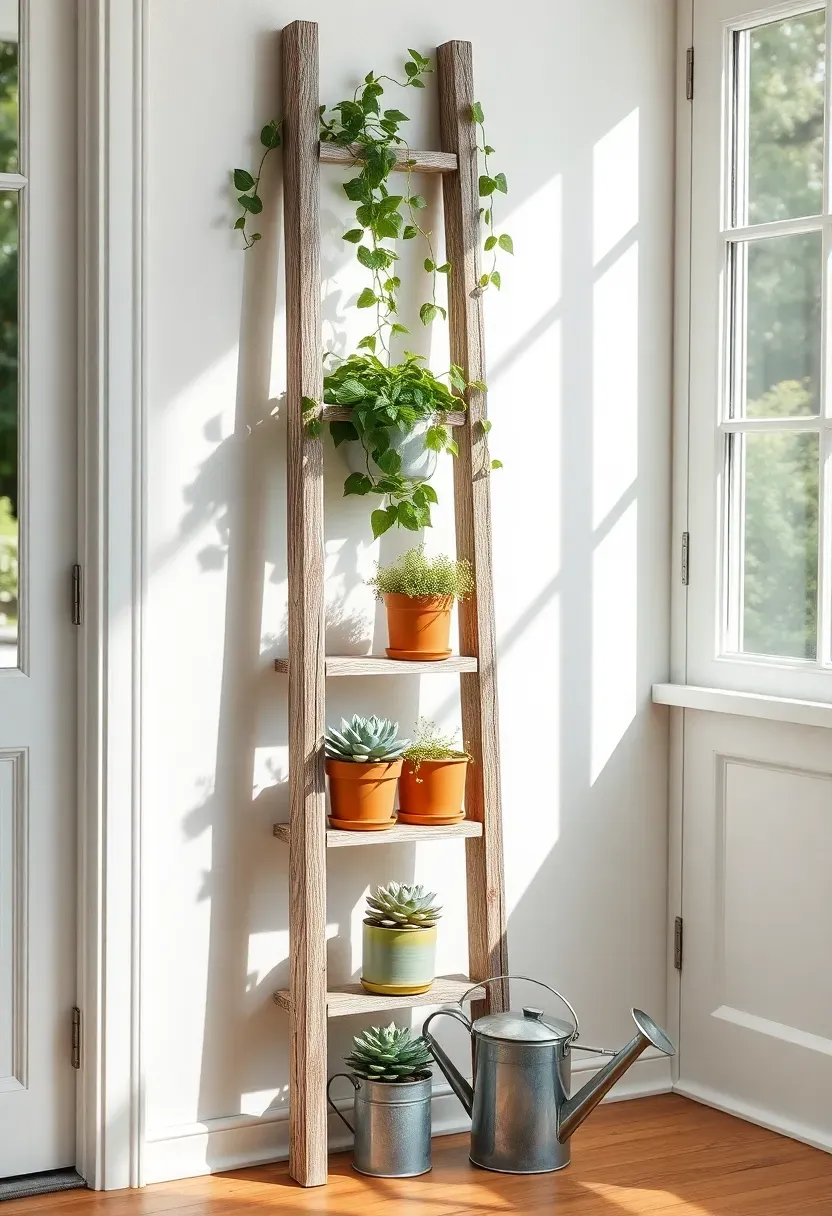 Weathered wooden ladder leaning against a sunroom wall with potted plants on each rung