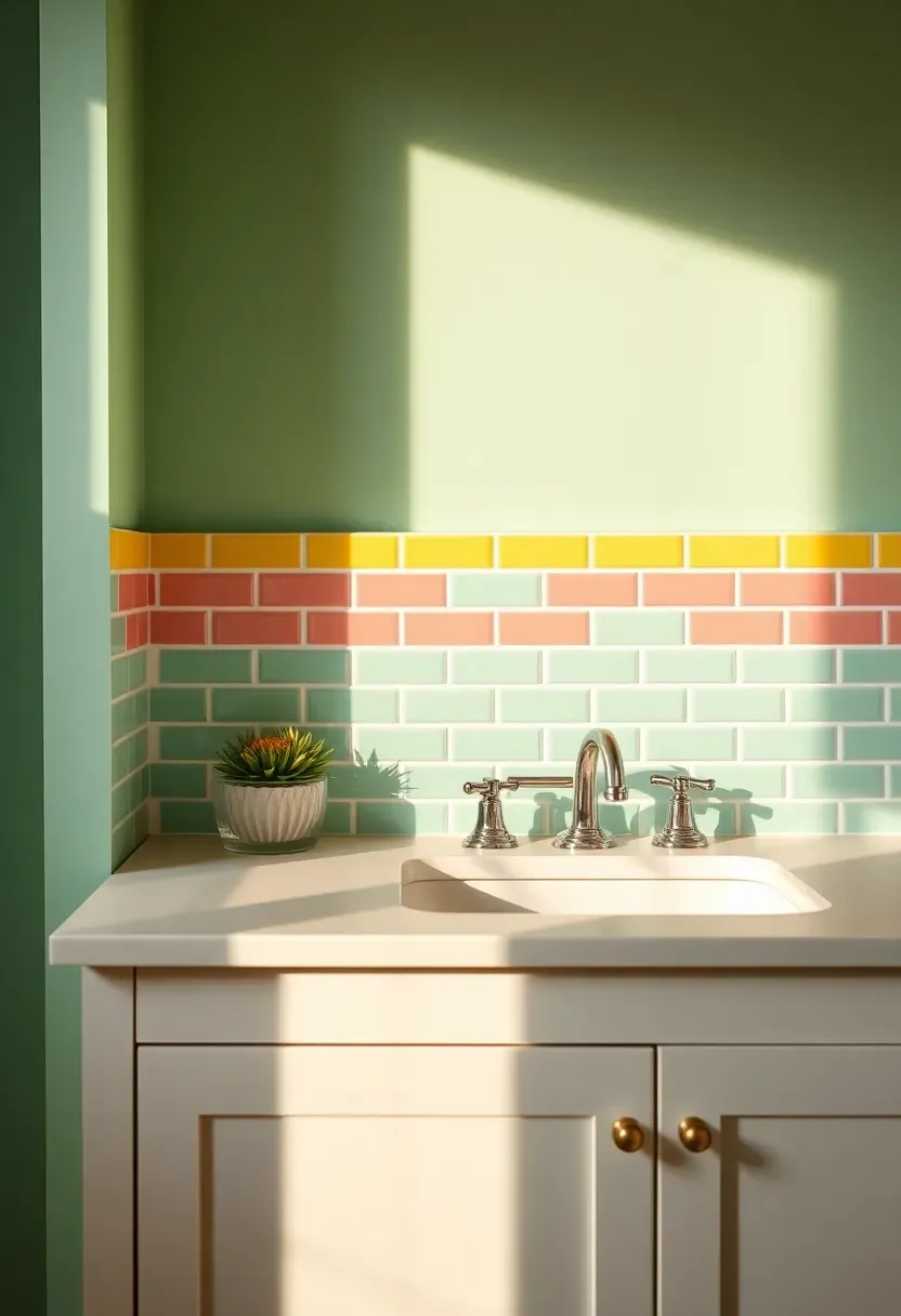 Bold mosaic tile backsplash in rainbow colors behind a white bathroom sink vanity