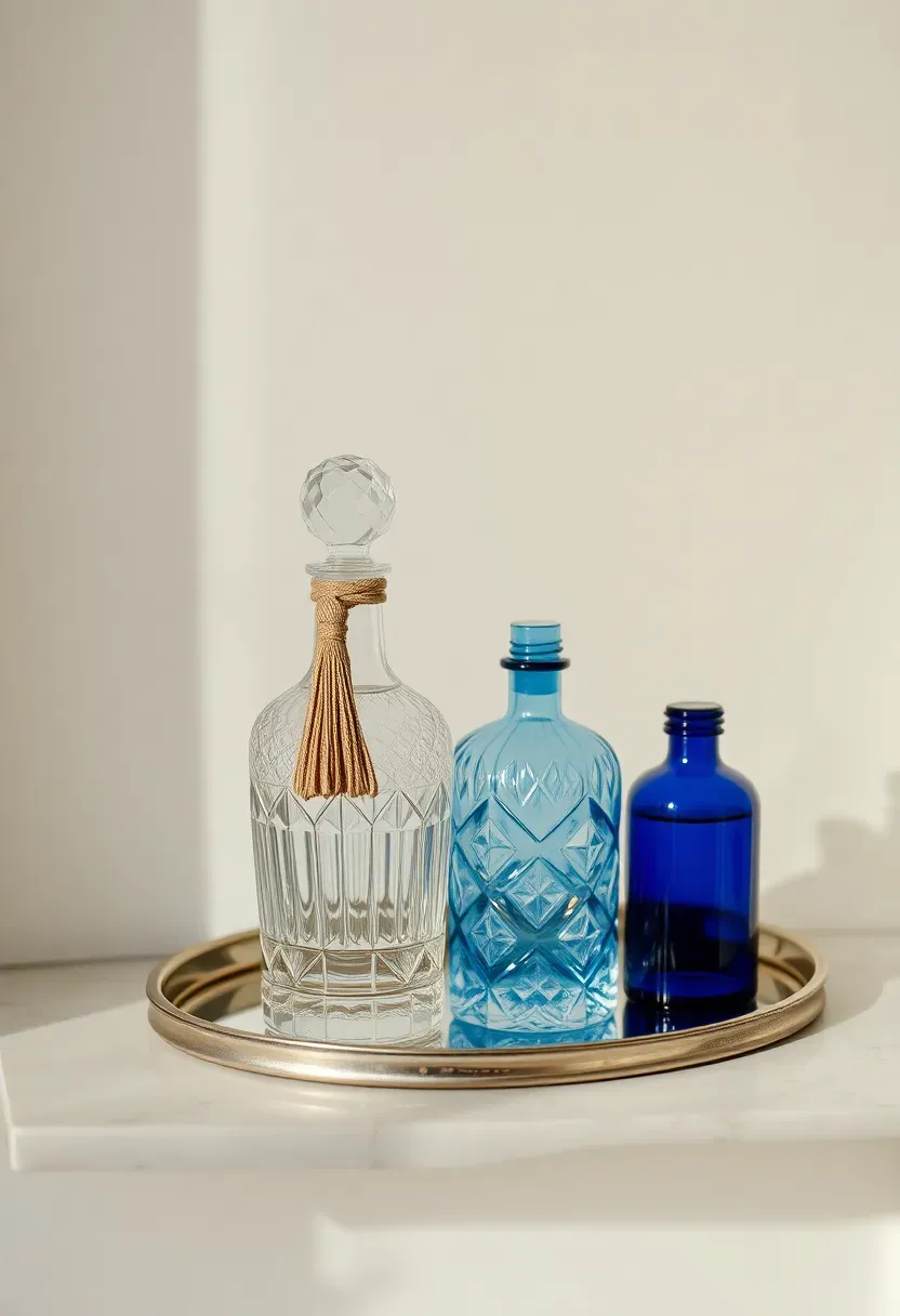 vintage perfume bottles on a marble-topped antique bracket shelf