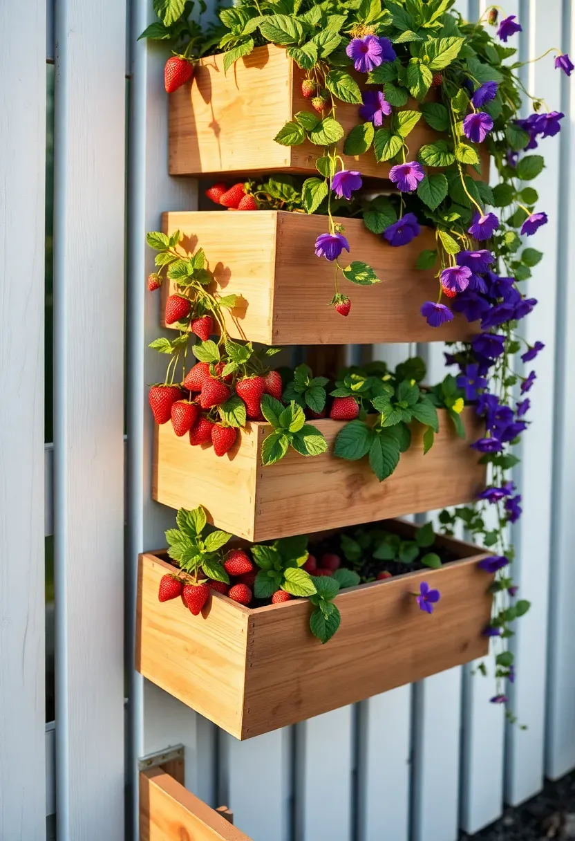 Stacked tiered planter wall with three levels of wooden planters mounted against a white fence, overflowing with strawberries, herbs, and trailing flowers