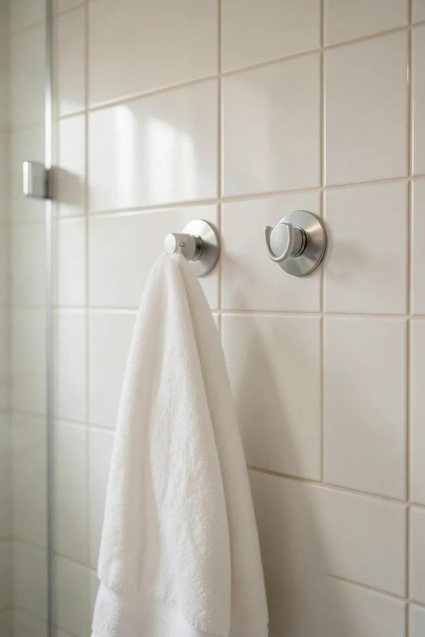 Heavy-duty suction cup hooks on smooth bathroom tile holding a robe and washcloth, renter-friendly storage with no holes or adhesive