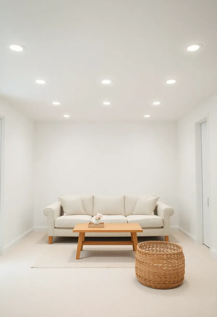 Clean bright basement painted entirely in soft warm white with simple furnishings and abundant artificial lighting