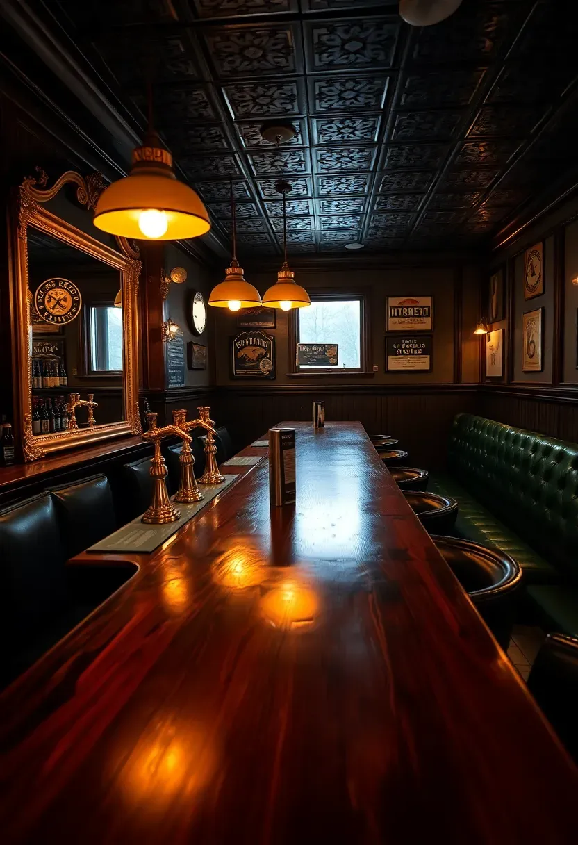 Full basement tavern with long bar counter, back bar mirror, multiple beer taps, booth seating, and vintage pub signage