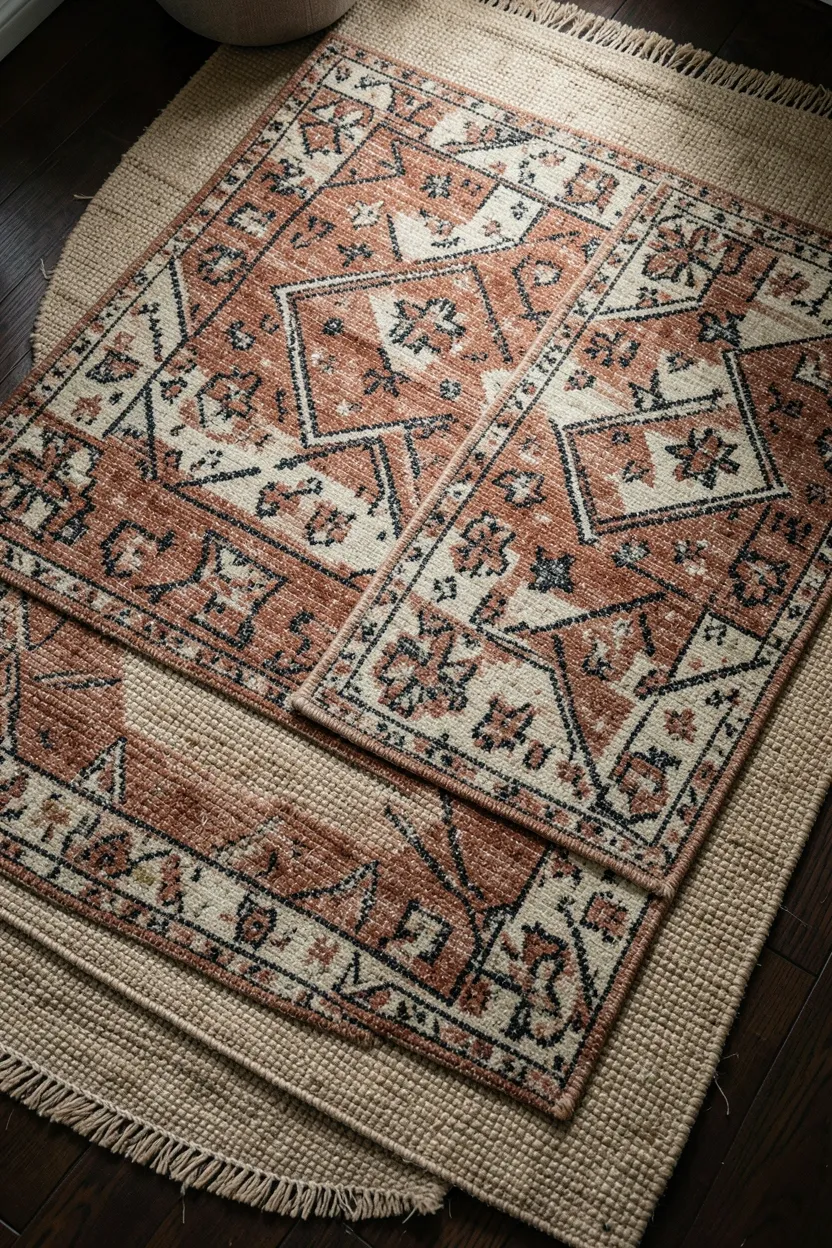Boho bedroom with large dark aged brass mirror leaning against charcoal wall, reflecting warm lamp light across the room