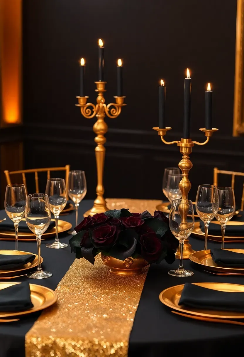Black and gold glamorous party table with sequin runner, gold charger plates, and tall gold candelabras