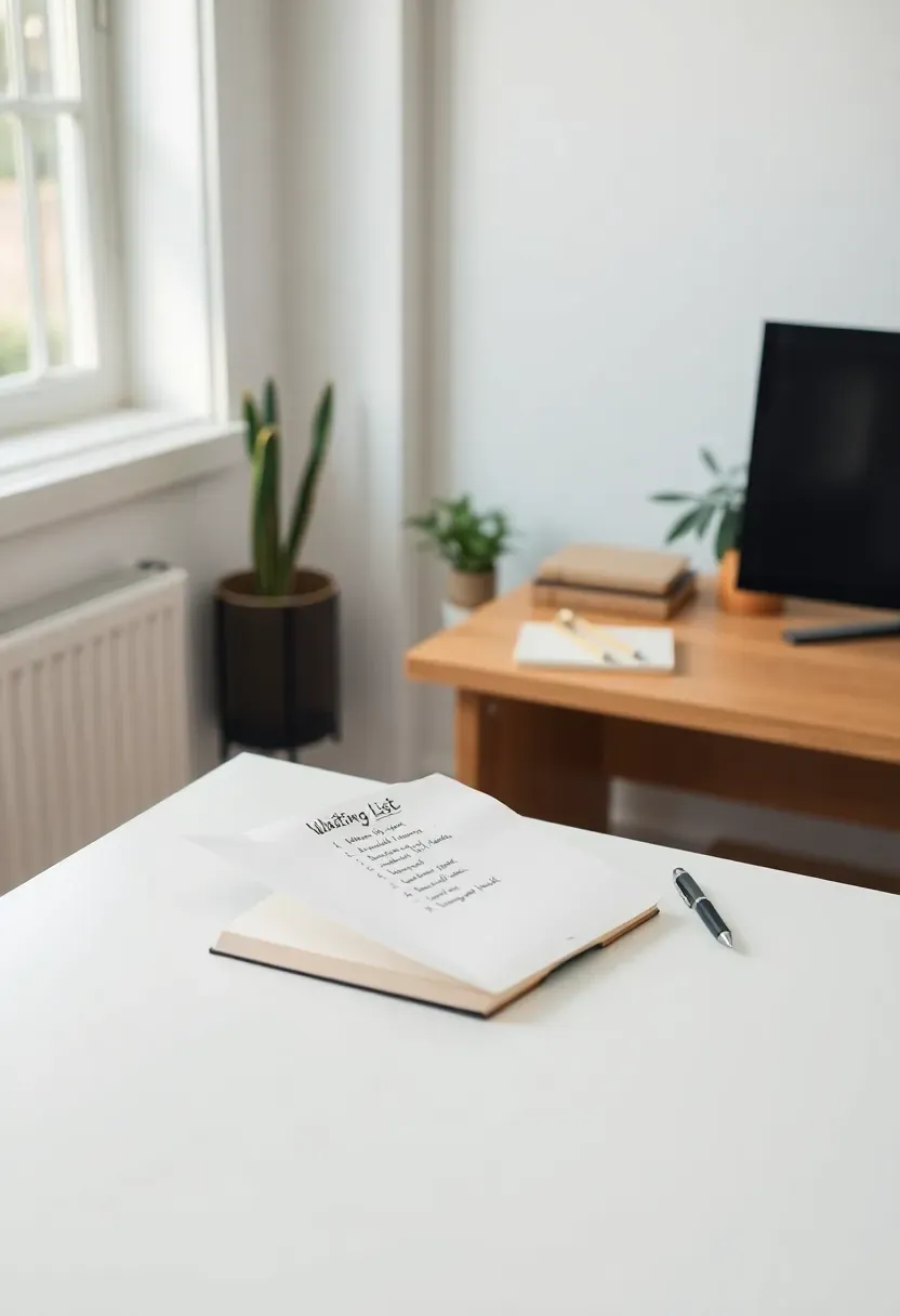 Hyper-realistic view of minimalist home office showing small notebook open on clean white desk, handwritten list titled 
