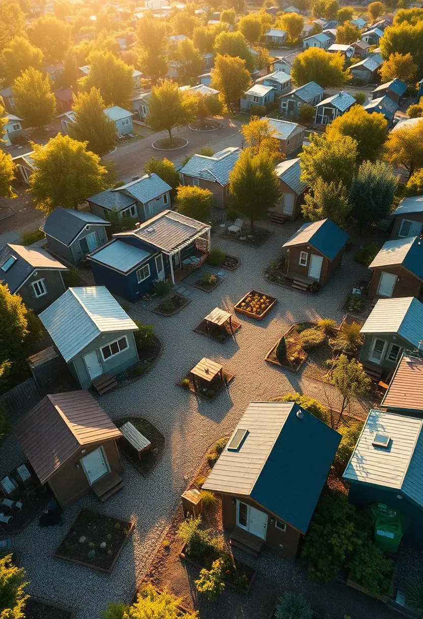 Hyper-realistic 3/4 aerial view of a tiny house community showing multiple small homes arranged around a central common area with a community garden and shared gathering space. Materials: variety of exterior finishes, gravel pathways, communal garden beds. Warm afternoon sunlight creating community atmosphere. Collaborative village mood with visible shared spaces and thoughtful community layout. Shallow depth of field, sharp community details, intentional neighborhood composition. No text, no logos, no watermarks.</p>