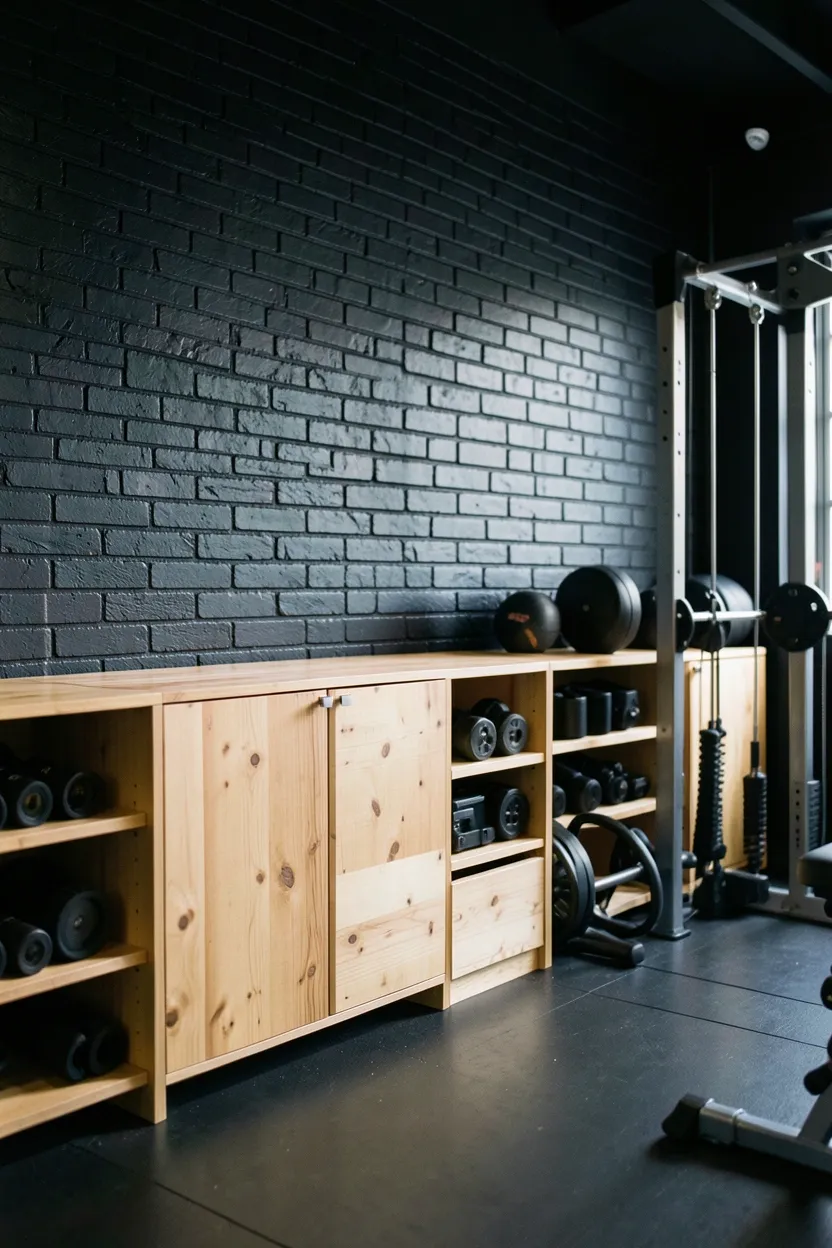 Industrial home gym with painted black brick feature wall and light pine wood storage units, rustic dark workout room