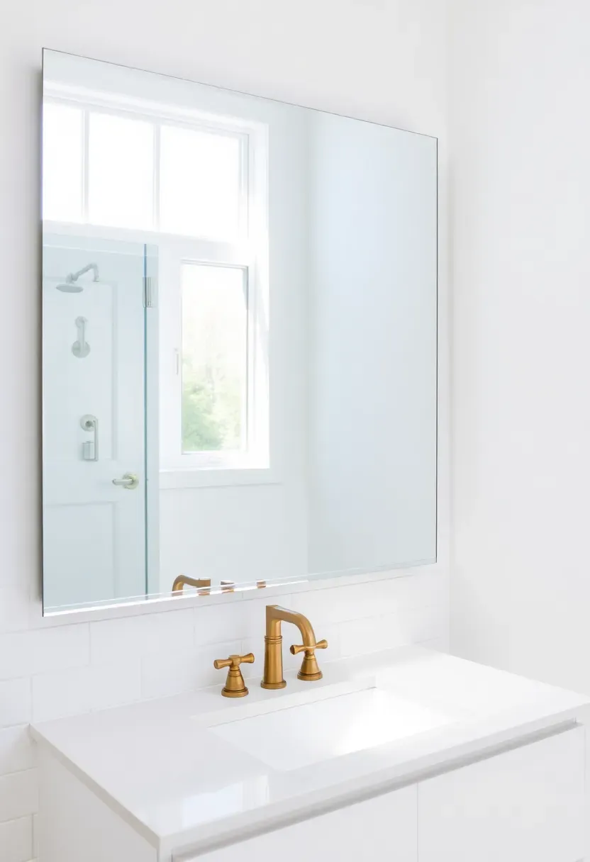 Large frameless beveled-edge bathroom mirror reflecting natural light from a window, mounted directly above a white quartz vanity
