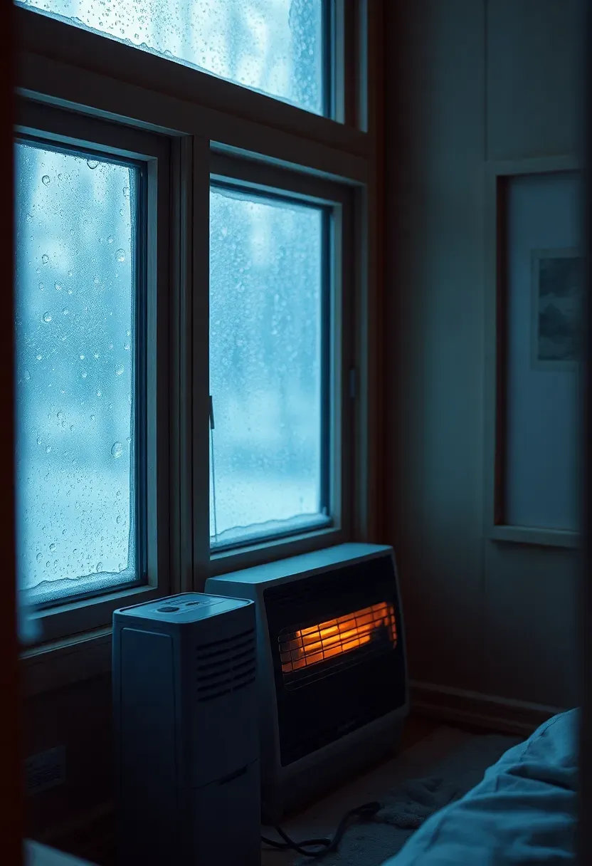 Hyper-realistic 3/4 view of a tiny house interior showing visible condensation on windows and a small space heater, illustrating climate control challenges. Materials: window glass with water droplets, small electric heater, visible insulation. Cool blue-toned lighting suggesting temperature struggle. Climate challenge mood with visible moisture and heating equipment limitations. Shallow depth of field, sharp moisture details, realistic environmental composition. No text, no logos, no watermarks.</p>