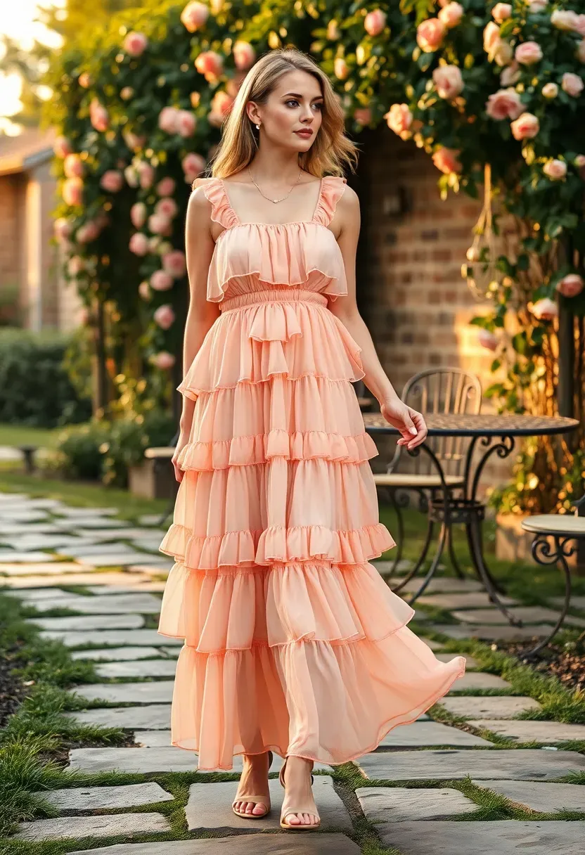 woman in a tiered ruffled maxi dress in soft peach with flowing layers at a romantic garden baby shower