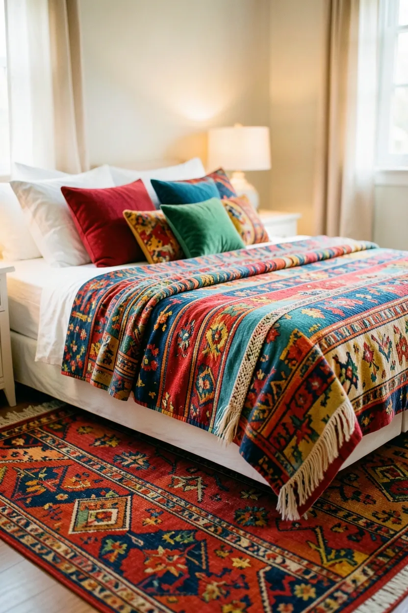 Colorful boho bedroom with patterned kilim rug as the anchor, layered throw pillows in coordinating hues, and a vibrant duvet cover
