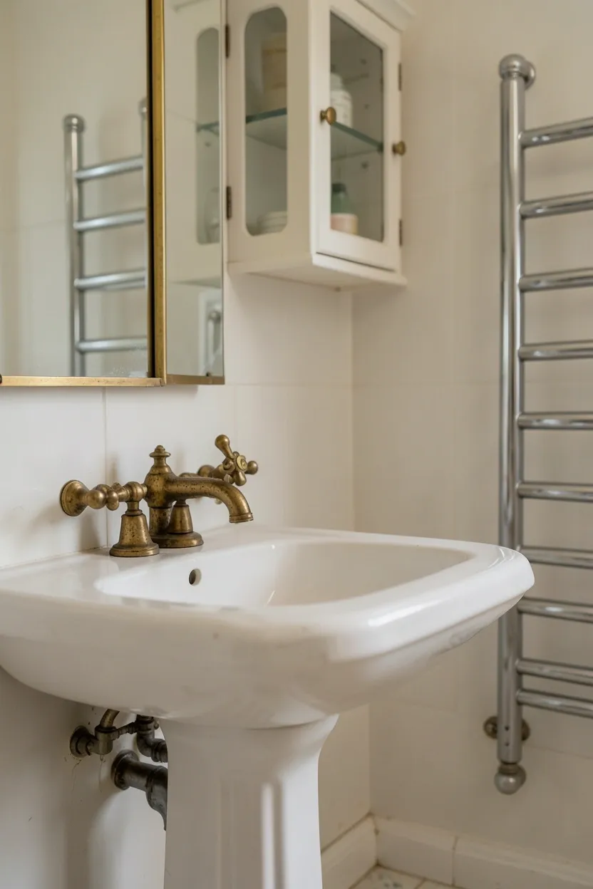 Pedestal sink with vintage curved porcelain details and unlacquered brass cross-handle faucet, wall-mounted beveled medicine cabinet — character-filled aesthetic bathroom