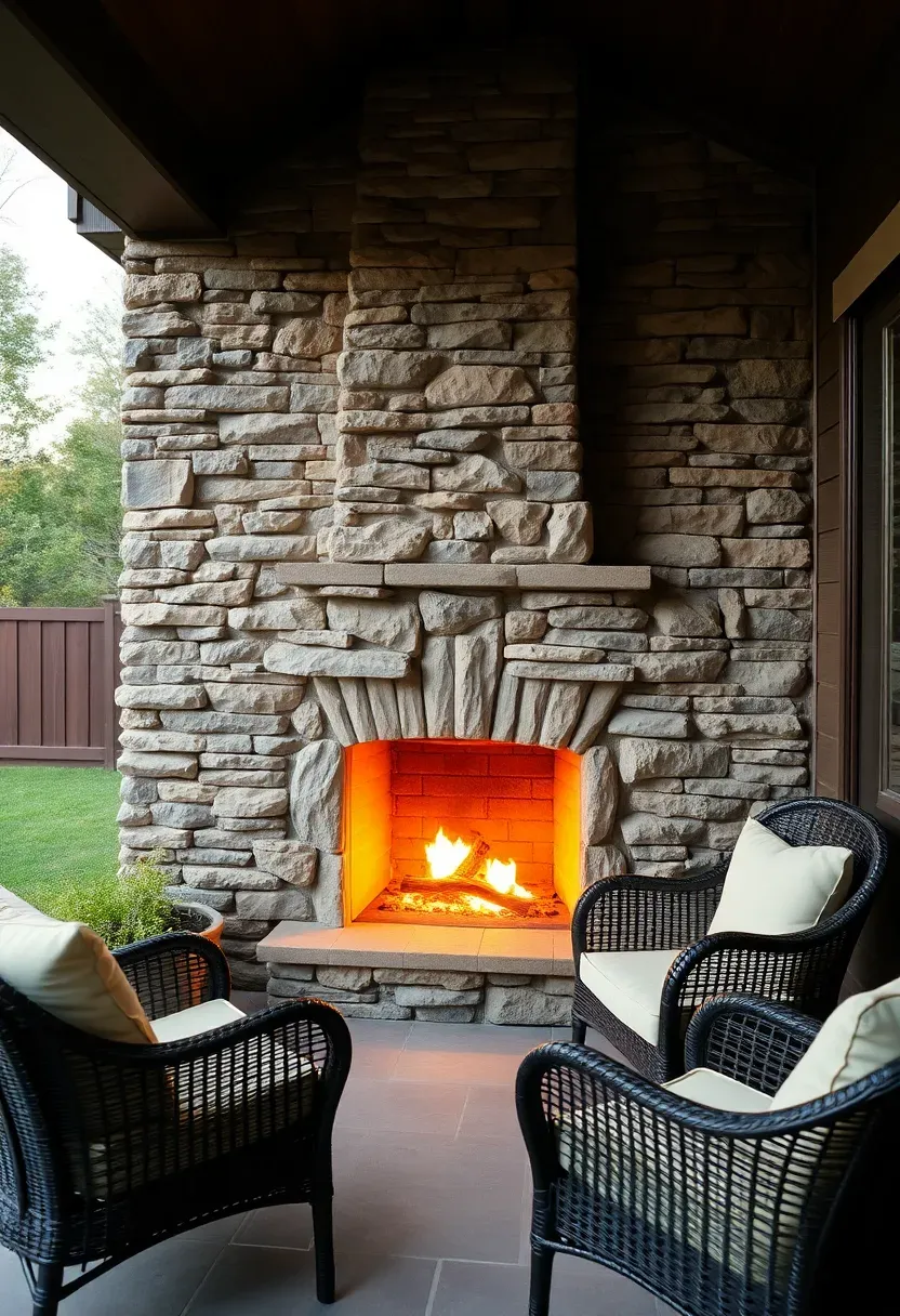 Stone outdoor fireplace built into the corner of a covered backyard porch with a crackling fire