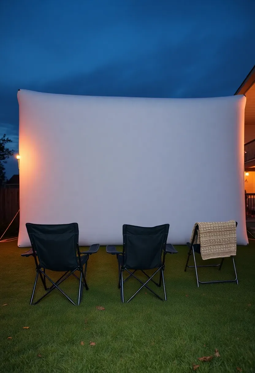 A large white inflatable movie screen set up on a backyard lawn at dusk with audience seating visible in the foreground