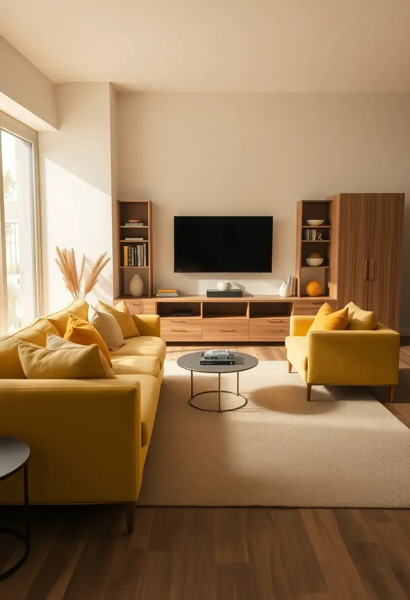 L-shaped yellow sectional with media wall