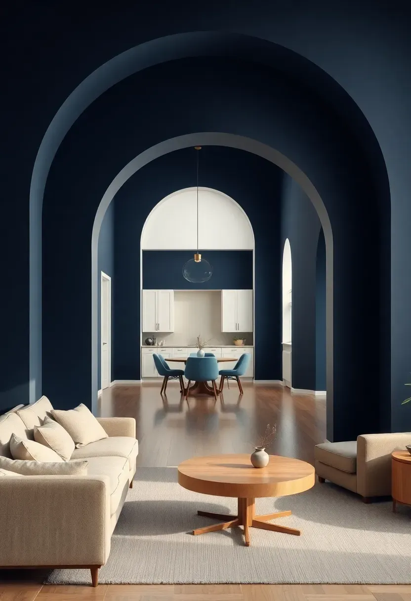 Hyper-realistic wide shot through minimalist living room with navy blue walls featuring large rounded archway opening to bright white dining space beyond. Navy living room has beige sofa, light oak coffee table; white dining space visible through arch. Materials: matte navy blue paint, white dining space beyond, beige linen sofa, light oak wood. Light from white dining space spilling through arch into navy living room, creating depth and brightness contrast, architectural and sophisticated atmosphere. Sharp details on arch curves and color transition, clean composition, no clutter, no text, no watermarks.</p>