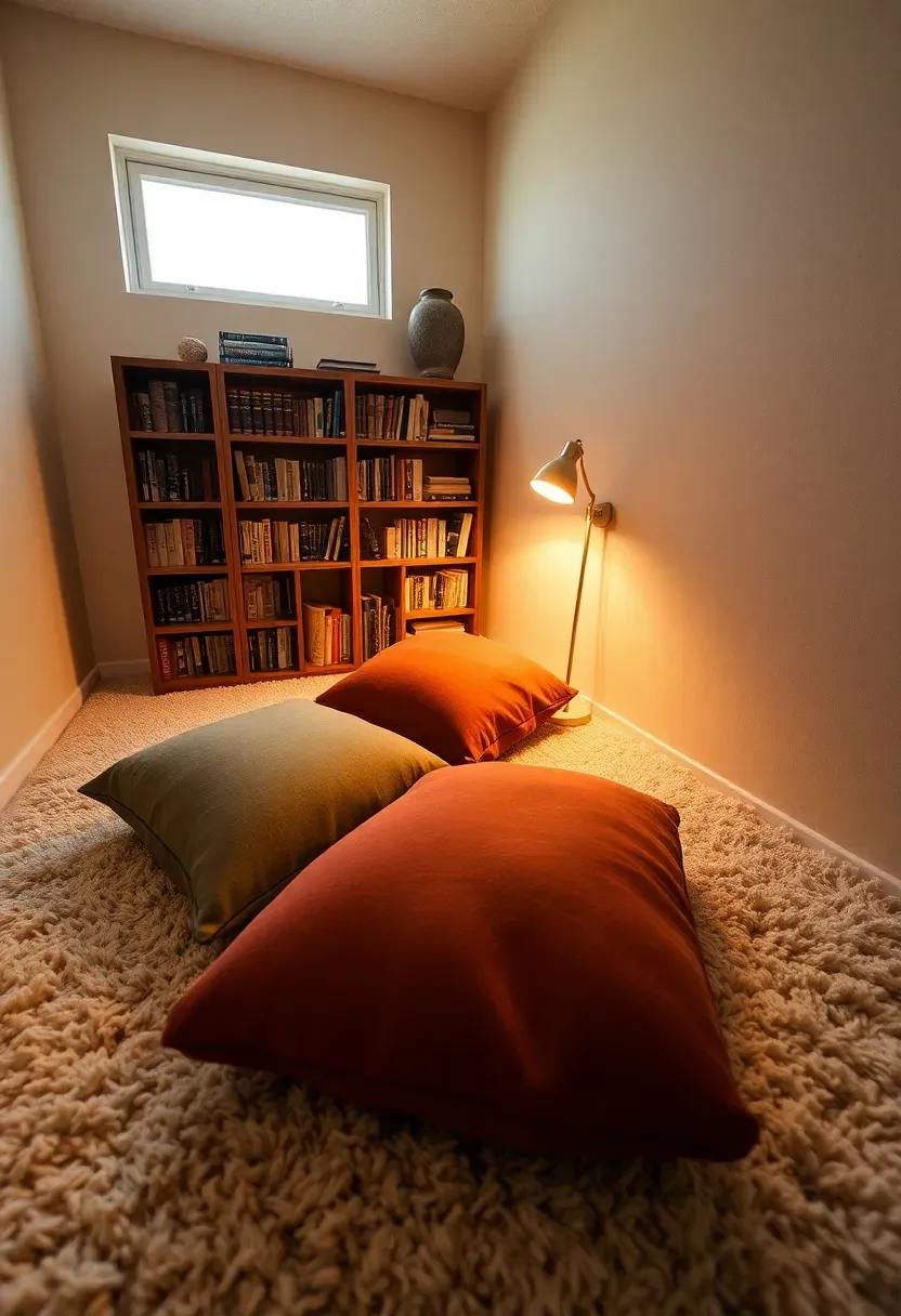 small basement reading nook corner with thick shag carpet in a warm ivory tone and a low bookshelf