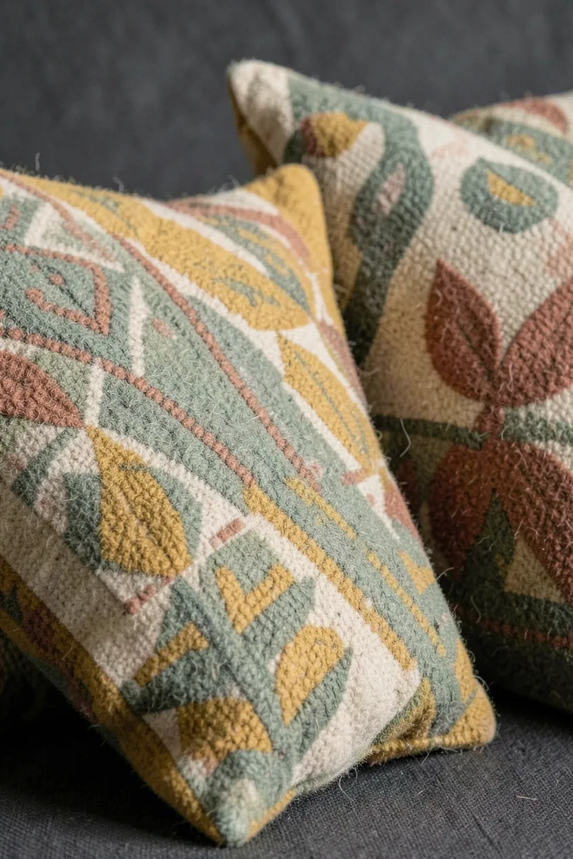 Wool throw pillows in mustard yellow and sage green geometric patterns on a Danish sofa in a vintage Nordic living room