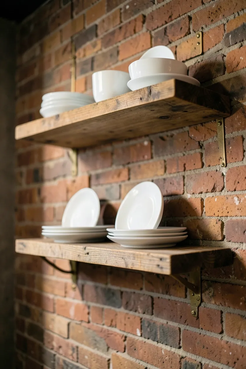 Rustic kitchen exposed red brick wall with minimal floating wood shelves holding white dishes and greenery