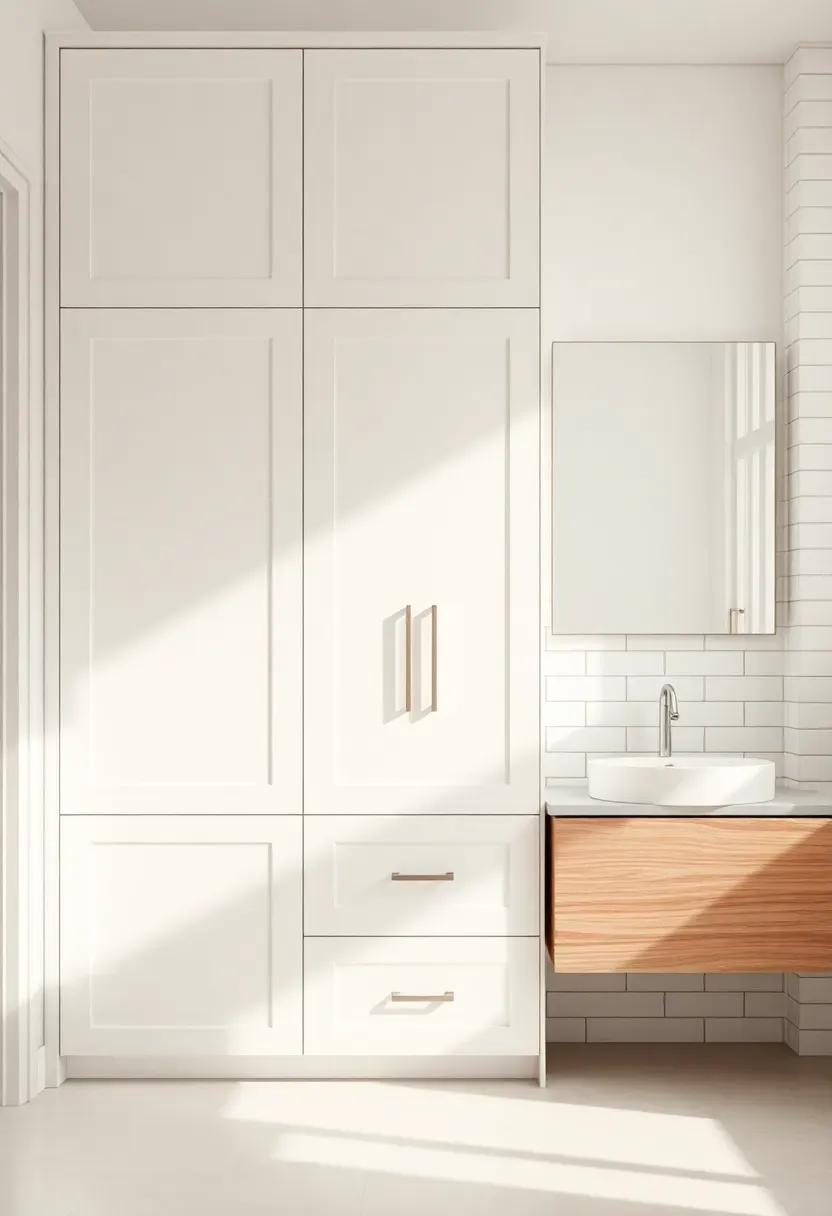 Hyper-realistic front view of floor-to-ceiling white matte cabinet with push-latch doors, minimal reveal seams, white oak floating vanity beside, white subway tile walls. Materials: matte white lacquered cabinet, white oak vanity, white tile walls, brushed nickel hardware glimpsed. Warm low diffused light, creamy neutrals with subtle sheen variation. Seamless minimal mood, shallow depth of field with sharp cabinet edge detail, soft shadows. Vertical 2:3 framing. No logos.</p>