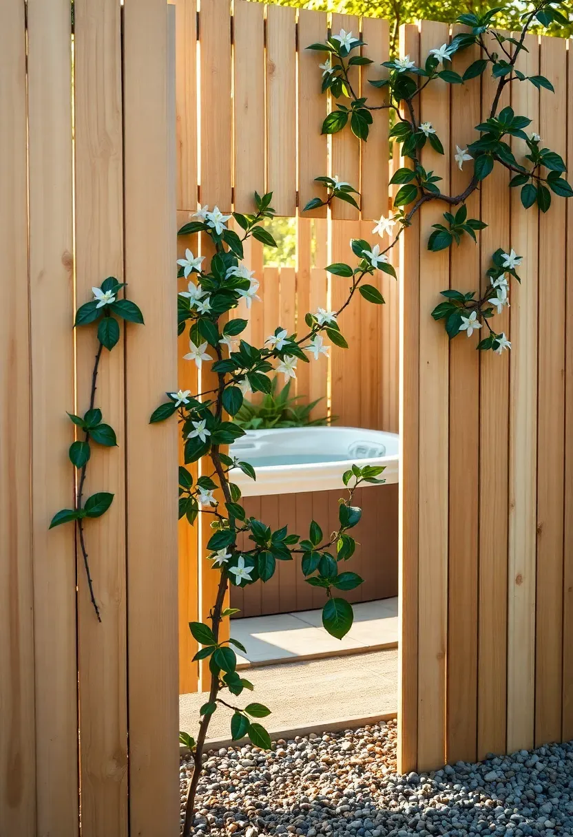 A corner lot backyard with a hot tub surrounded by a tall horizontal slat fence with climbing plants providing dual-side privacy screening