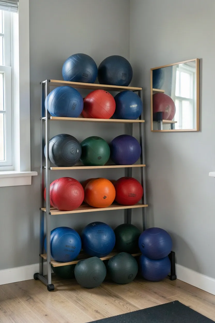 Three medicine balls stored on a compact freestanding rack beside a yoga mat in a small home workout area
