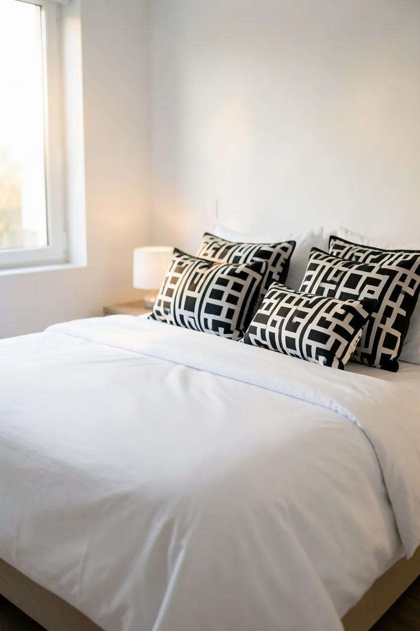 Assorted black and white geometric and striped patterned throw pillows layered on white bedding in a monochrome bedroom