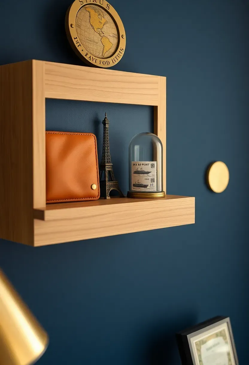 Vintage travel memorabilia shelf on navy wall — honey oak shelf with worn leather passport wallet, bronze Eiffel Tower figurine, stamp collection under glass dome, and classic tin