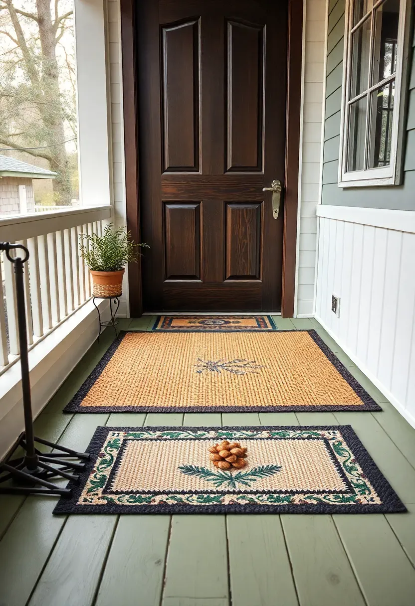 Hyper-realistic wide shot of a front porch entryway with layered textiles. Starting from outside: a cast iron boot scraper, then a large coir mat with evergreen border, followed by a natural jute runner leading to a dark wood front door topped with a smaller patterned wool mat featuring a pinecone motif. Porch has painted wood floors in sage green with white wainscoting. Soft morning daylight filtering through surrounding trees. Visible door hardware in brushed nickel. No text, no logos, no watermarks.</p>