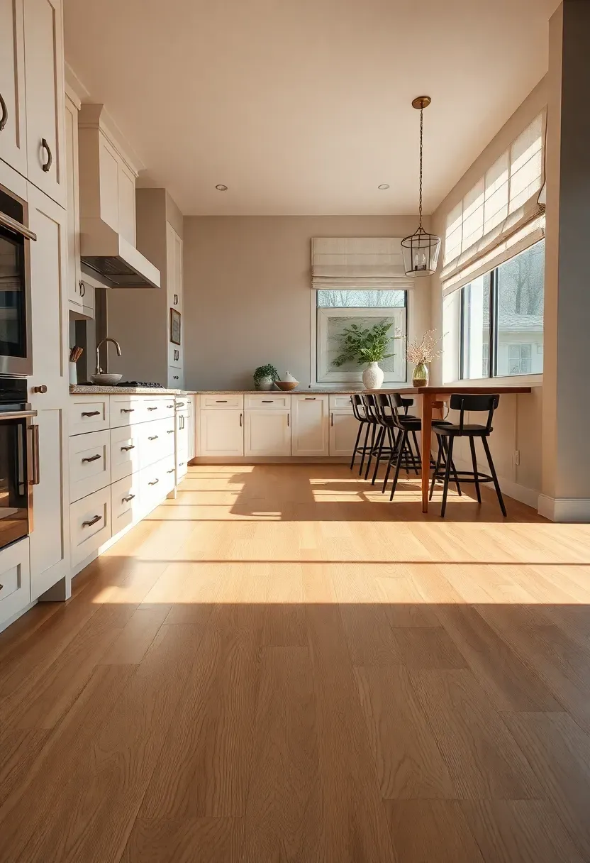 Hyper-realistic 3/4 view of a neutral kitchen with warm white oak hardwood flooring planks in wide format. Materials: natural white oak with warm amber grain, cream painted cabinets, warm quartz countertops, warm gray walls, brass pulls, linen Roman shades. Soft natural light streaming in, casting warm shadows on wood floor grain. Visible kitchen island with barstools and open flow to dining area. Clean serene mood with warm wood undertones. Shallow depth of field highlighting floor texture, sharp details on wood grain. No text, no logos, no watermarks.</p>