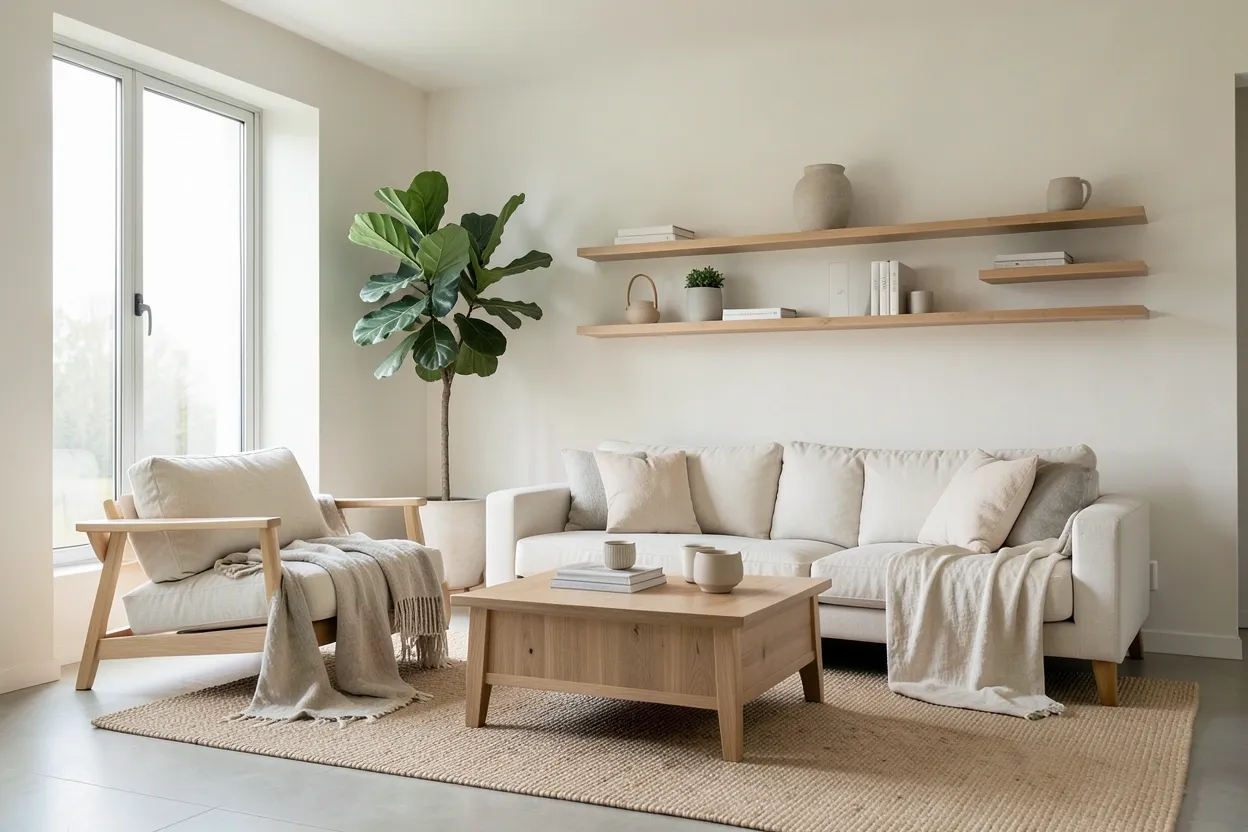 Serene Japandi living room with warm oak furniture, linen sofa, natural fiber rug, and soft ambient lighting for a comfortable space