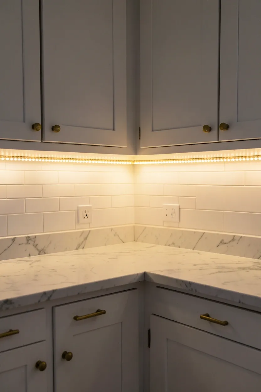 Hyper-realistic eye-level photograph of an elegant kitchen with under-cabinet rope lighting. The lighting is a continuous strip of warm white LEDs mounted beneath the upper cabinets, casting a soft glow onto the marble countertop below. White shaker cabinets above with brass pulls. The countertops show a mix of marble and preparation surfaces. Backsplash is white subway tile. Evening atmosphere with cabinet lighting as primary illumination. Materials: LED strip lighting, white lacquer, marble, brass. Warm and inviting elegant mood. Sharp focus on the light strip and illuminated countertop surface. No text, no logos, no watermarks.</p>