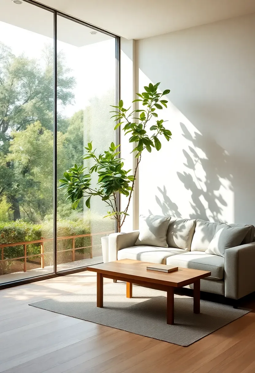 Hyper-realistic 3/4 view of minimalist living room with floor-to-ceiling glass windows on one wall showing outdoor greenery and trees beyond. Large potted ficus tree positioned near glass, its silhouette creating organic shadow pattern. Light linen sofa facing window, minimal wood coffee table. White walls and light oak floor. Materials: glass, living plant, linen, light oak wood. Abundant natural light flooding space, creating minimal shadows. Indoor-outdoor visual connection. Sharp details on plant and textures. No text, no logos, no watermarks.</p>