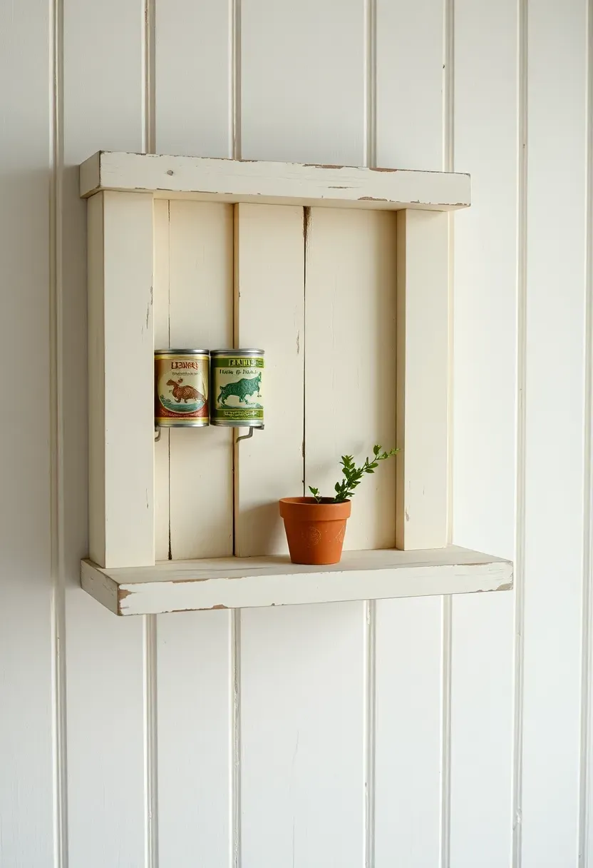Chippy paint cottage shelf with layers of peeling paint in cream and sage green, holding vintage tin containers and small potted herbs
