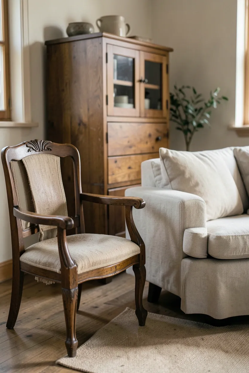 Antique farmhouse table and modern linen sofa mixed together for collected vintage and modern farmhouse living room look